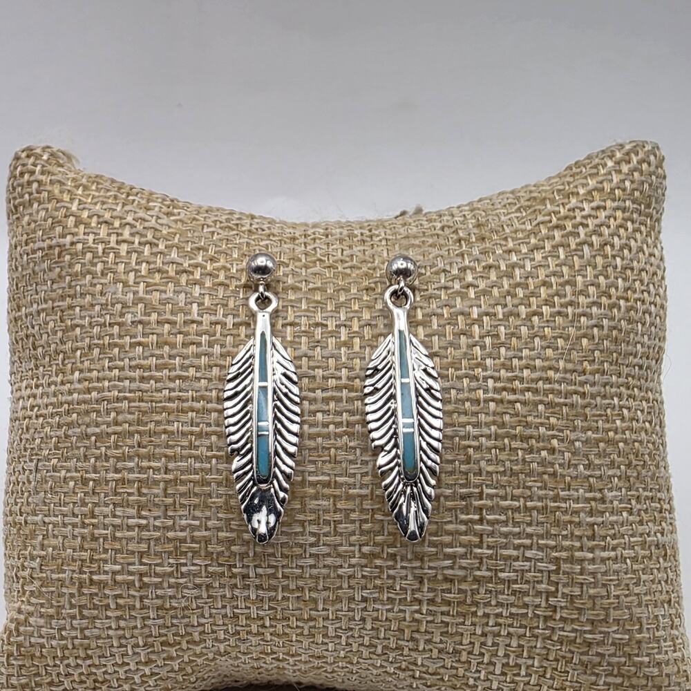 Sterling Silver 925 Turquoise Inlay Feather Dangle Earrings Southwest Boho